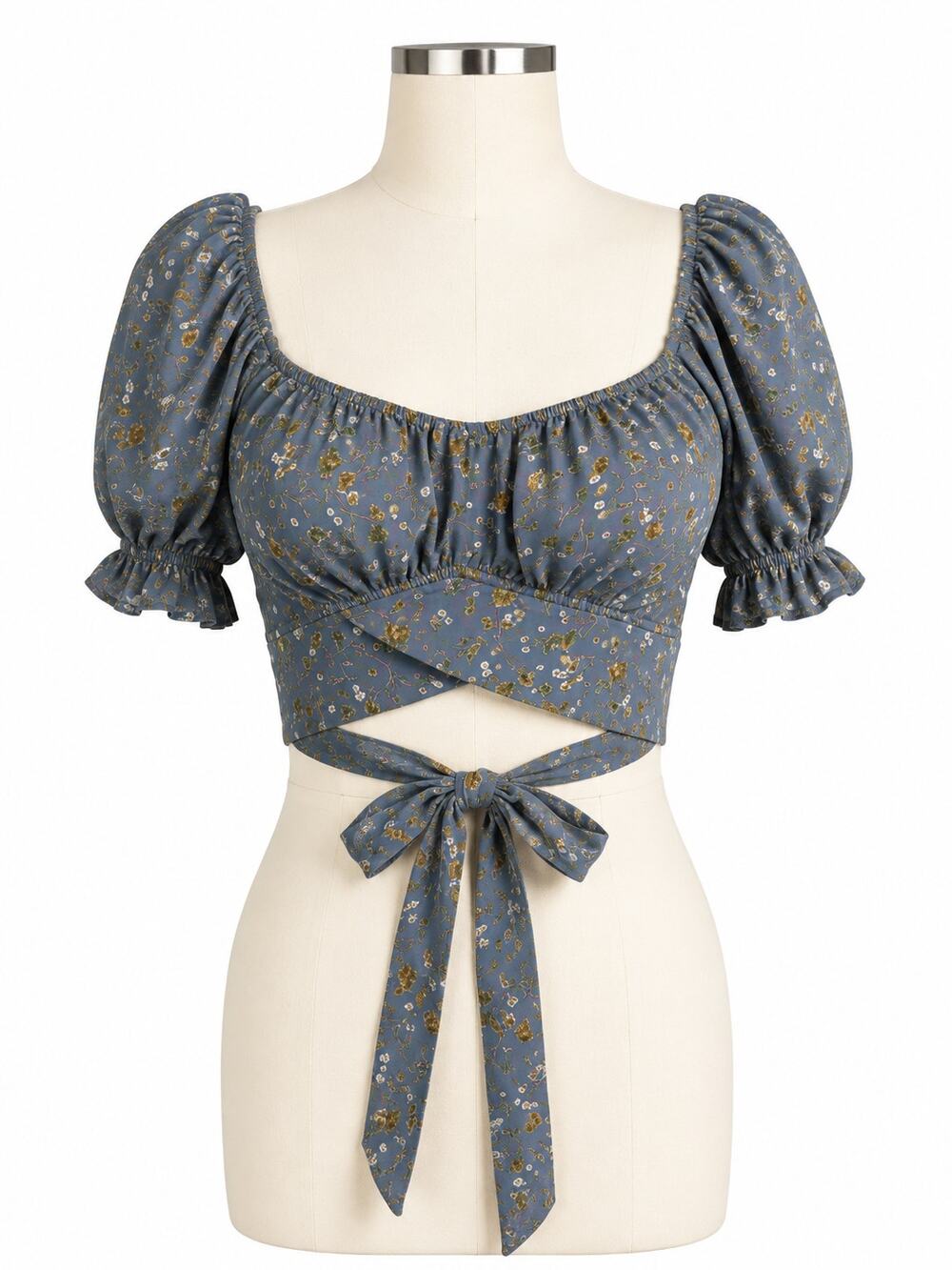 Altar'd State Blue Floral Puff Sleeve Tie-Back Crop Top – Size Large